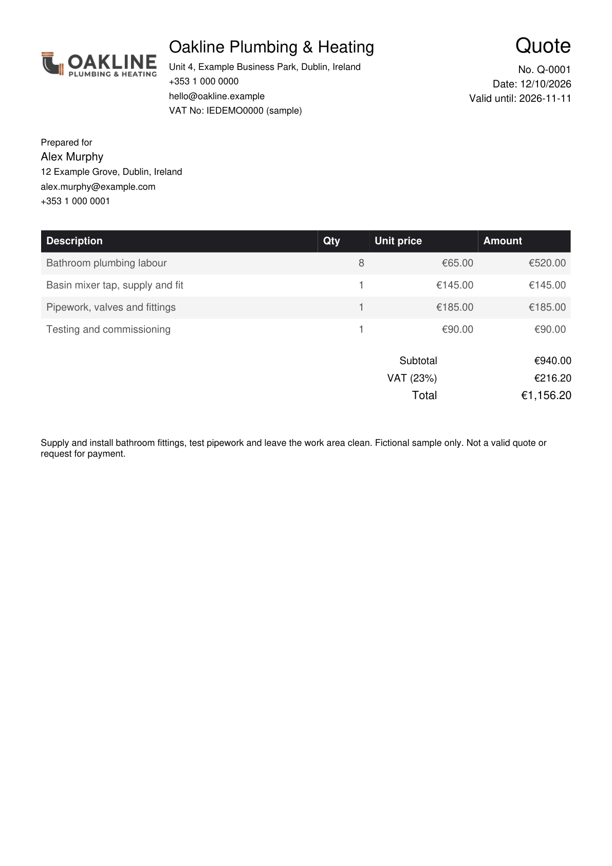 Oakline Plumbing & Heating sample quote Q-0001, with company logo, itemised work, VAT and total of €1,156.20